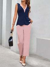 Women's Sleeveless Color Block Blouse And Pants Set, Office Two Piece Outfits, Spring And Summer